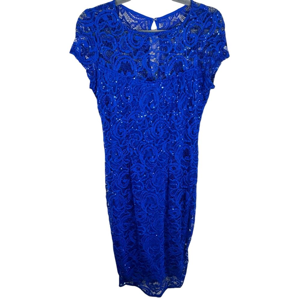 Marina Cobalt Blue Nylon Lace Sequin Cap Sleeve Lined Midi‎ Sheath Dress Size 6